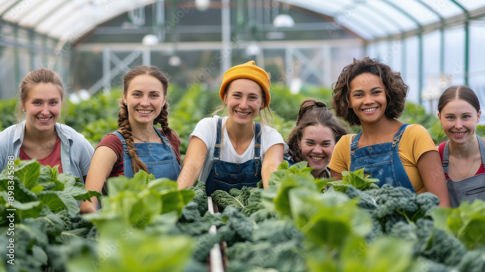 young girls group standing at greenhouse young girls group standing at greenhouse