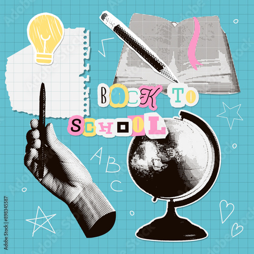 Vintage back to school halftone collage elements set. Torn put paper hand holding pencil. school supplies and stationery, book, writing tools, globe, paper sheet. Trendy retro vector illustration