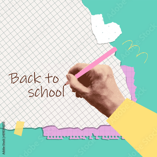Notebook paper scraps with collage halftone hand holding pencil and writing Back to school words. Sticky tape and different grunge shapes. Advertising banner with free space for text. Vector