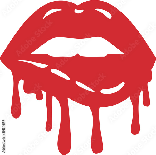 Red biting lips. Female mouth icon. Vector illustration