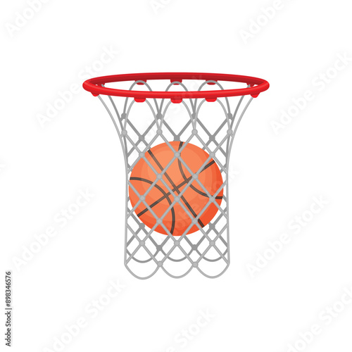 A basketball and a basketball basket. The ball is in the basketball basket. Sports equipment for playing basketball. Vector illustration.