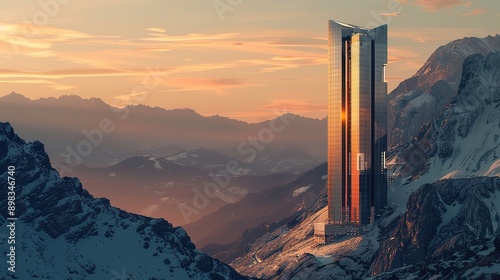 Breathtaking Contrast of Modern Skyscraper Against Dramatic Mountain Range Showcasing Contemporary Design and Vast Natural Landscape for Widescreen Desktop Wallpaper