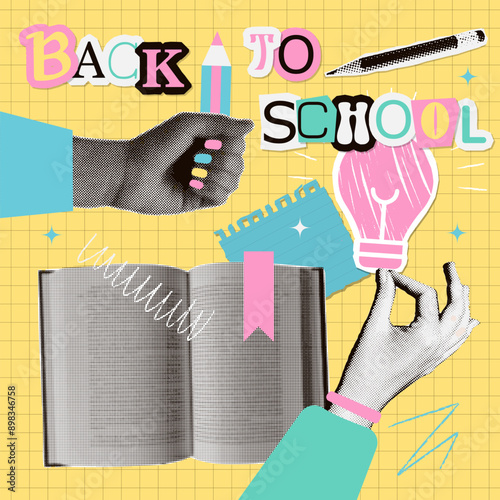 Back to School paper torn out stickers Set. Collection of Halftone hands holding pencil, idea lamp. Education and study concept. Vintage vector illustrations isolated on checkered background