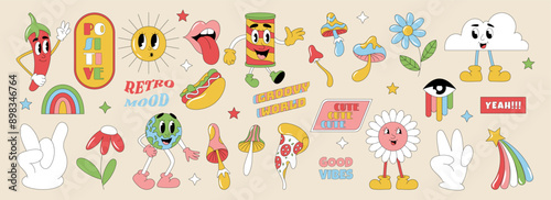 Retro cartoon stickers. Groovy icons. Flower Funny mascots. Psychedelic elements art. Mushroom and rainbow. Funky Earth. Trippy smile sun. Abstract face. Mouth lips. Vector garish doodle patches set