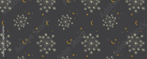 Pattern of dill sprigs and small golden stars, moon and dots. Decoration from different parts of dill for fabric, wrapping paper and textile. Vector seamless background.