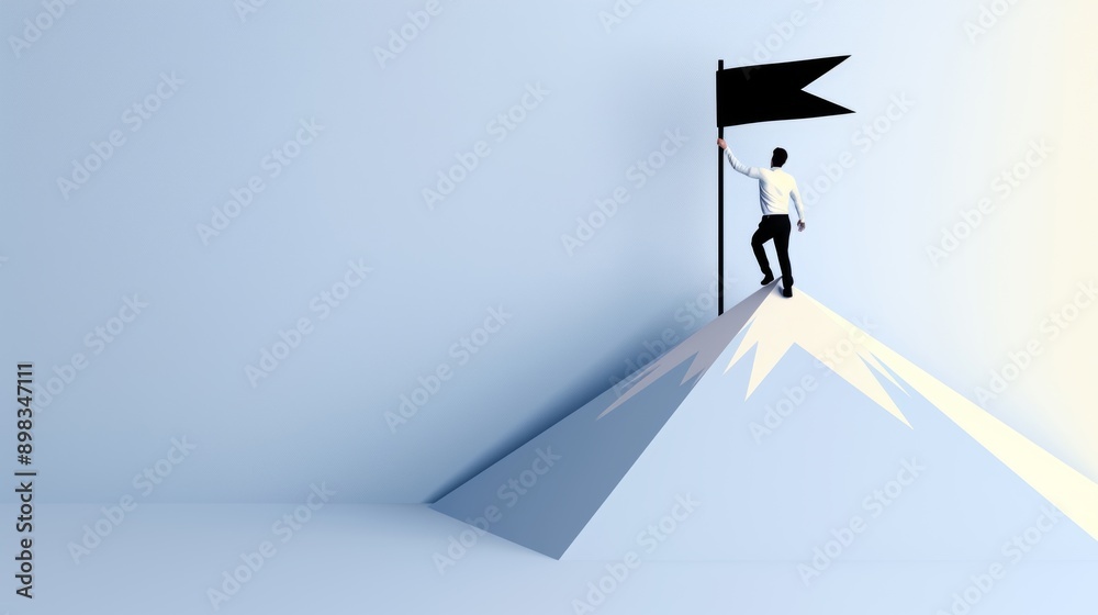 Business Achievement Symbolized by Mountain Peak with Flag Business Achievement Symbolized by Mountain Peak with Flag