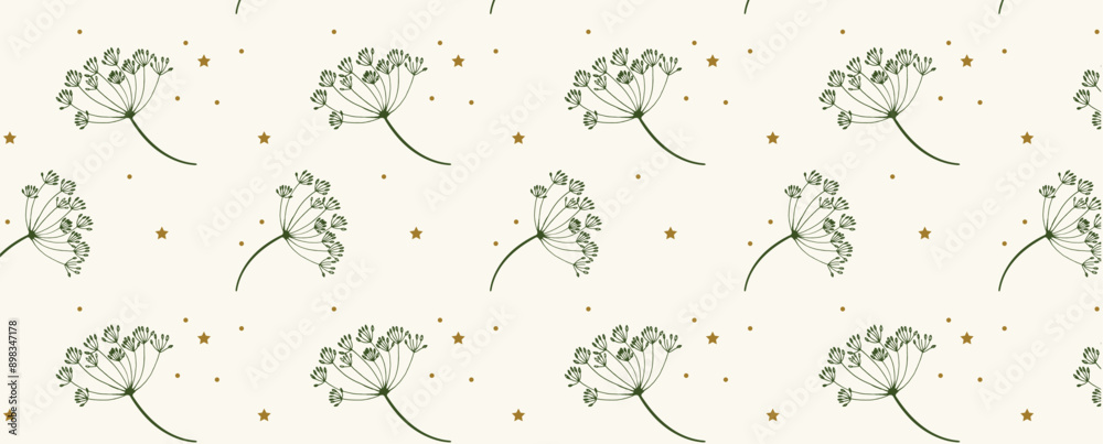 Pattern of dill sprigs and small golden stars and dots. Decoration from different parts of dill for fabric, wrapping paper and textile. Vector seamless background. Pattern of dill sprigs and small golden stars and dots. Decoration from different parts of dill for fabric, wrapping paper and textile. Vector seamless background.