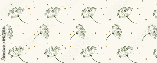 Pattern of dill sprigs and small golden stars and dots. Decoration from different parts of dill for fabric, wrapping paper and textile. Vector seamless background.
