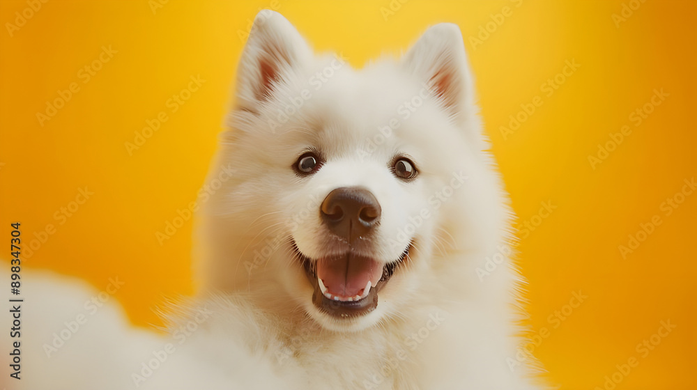 A close-up image of a fluffy Samoyed reaching out for a selfie, set against a bright yellow background. Its happy expression and beautiful coat make it an irresistible choice for dog lovers. A close-up image of a fluffy Samoyed reaching out for a selfie, set against a bright yellow background. Its happy expression and beautiful coat make it an irresistible choice for dog lovers.