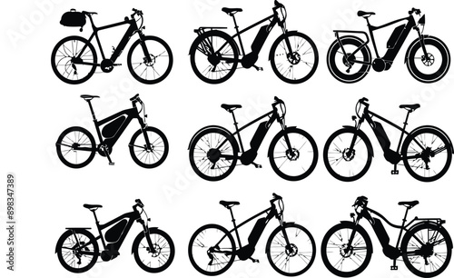 A collection of silhouette illustrations of electric bicycles in various styles and designs. These vector images showcase different models and configurations, perfect for use in graphic design