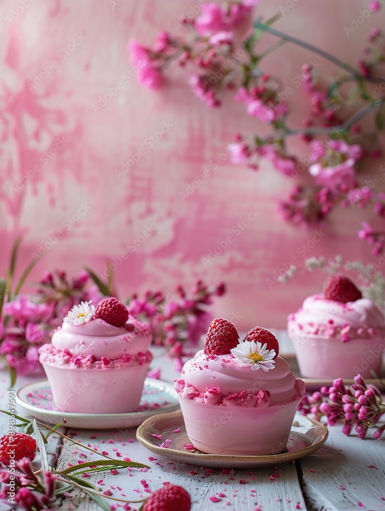Pink desserts are placed on a wooden table surrounded by pink flowers and set against a pink wall Pink desserts are placed on a wooden table surrounded by pink flowers and set against a pink wall