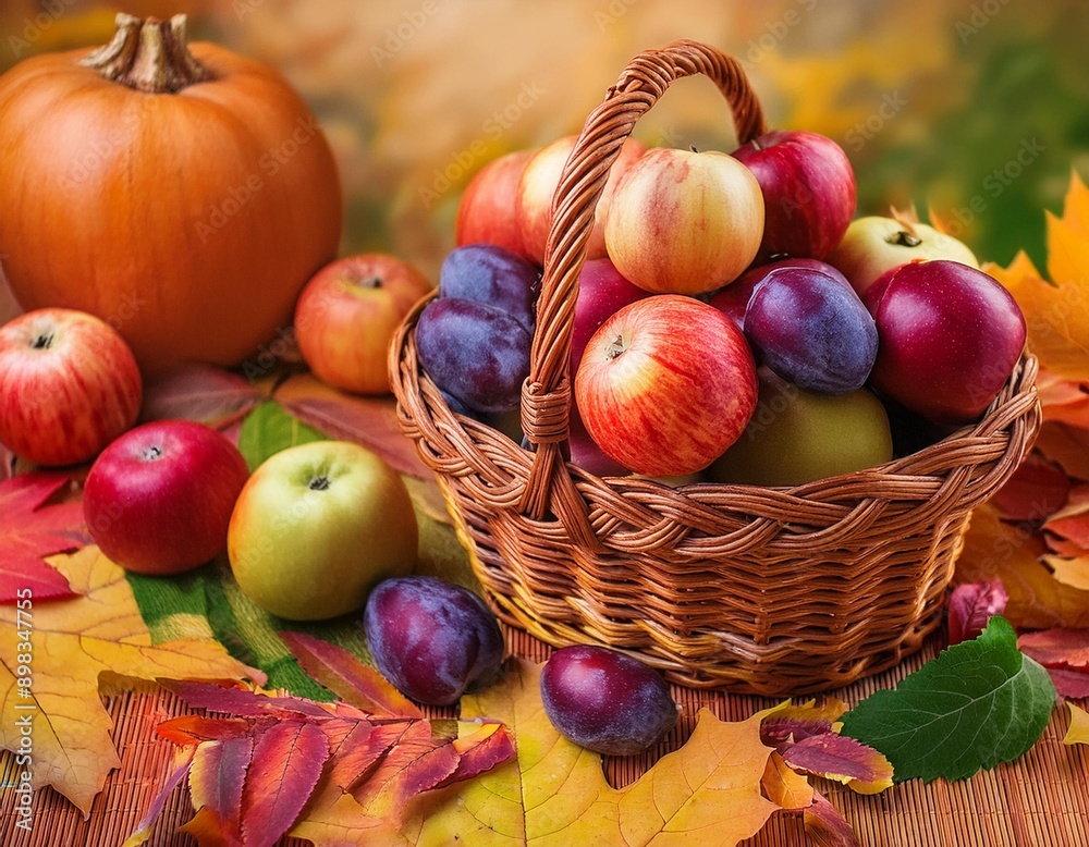 Autumn background with pumpkins, plums and apples in a wicker basket surrounded by colorful leaves Autumn background with pumpkins, plums and apples in a wicker basket surrounded by colorful leaves