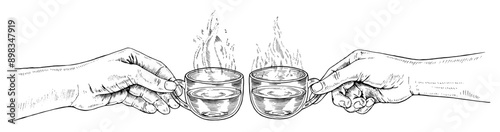 People clinking cups with hot tea. Vector hand drawn illustration. Two hands holding mugs with drink sketch drawing. Black line art. Clipart with white backgrounds. Can be edited. For cards, borders