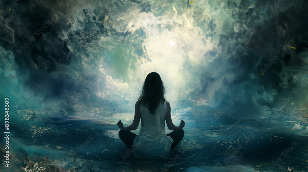 Person meditating in a surreal, ethereal quantum field. Person meditating in a surreal, ethereal quantum field.