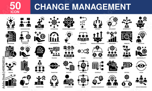 Change management icon collection set. Containing management, teamwork, business, leadership, mentoring, implement, employee icon. Simple glyph vector.