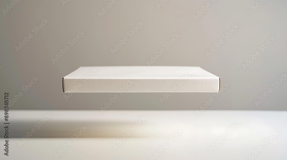 Fototapeta premium A white cardboard box is suspended mid-air against a neutral background, ideal for showcasing packaging design, product delivery, or e-commerce concepts,