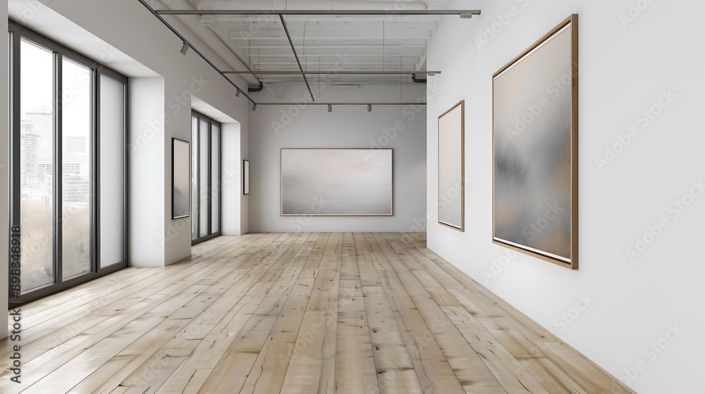 Obraz premium An art gallery with large, contemporary paintings hanging on white walls and natural wood flooring, illuminated by natural light from large windows; perfect for promoting art exhibitions
