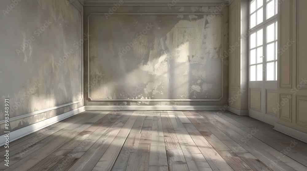 A sunlit, empty room with distressed walls, wooden floors, large windows, and natural light; perfect for real estate, interior design, renovation projects, or architectural backdrops,