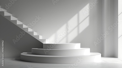 A minimalist white interior featuring stairs and geometric shapes with natural light casting shadows-perfect for modern architecture-focused designs, promotional materials or creative projects, © nattapon