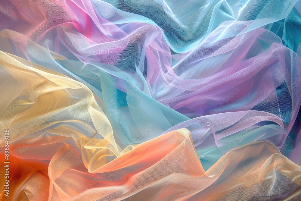Obraz premium Brightly colored fabric featuring a rainbow design, great for adding a cheerful touch to any project, Layers of translucent color creating a sense of depth, AI generated