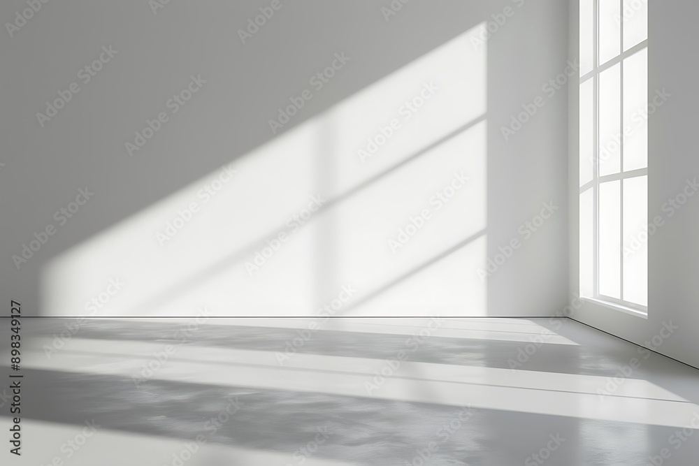 A clean, minimalistic room with a large window casting natural light and shadow patterns on the smooth floor, perfect for uses in design concepts, advertising, or showcasing architectural beauty A clean, minimalistic room with a large window casting natural light and shadow patterns on the smooth floor, perfect for uses in design concepts, advertising, or showcasing architectural beauty