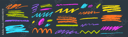 Pencil, crayon color lines. Line scribble, texture chalk. Children brush sketch. Hand background, mark pen. Scratch drawn stroke. Isolated on white background borders elements. Vector paint tidy shape