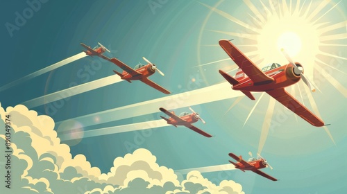 An airshow with classic planes performing aerial acrobatics against a bright