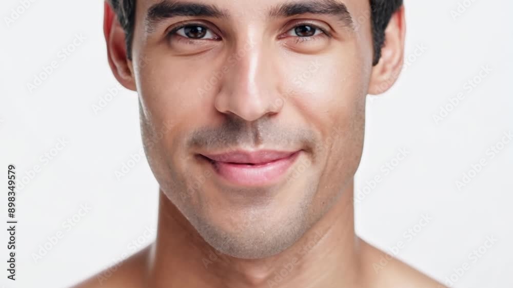 Healthy portrait of handsome man skin care face, closeup and man in studio for skincare, happy and laughing against white background. Zoom, smile and portrait male model excited for wellness, beauty Healthy portrait of handsome man skin care face, closeup and man in studio for skincare, happy and laughing against white background. Zoom, smile and portrait male model excited for wellness, beauty