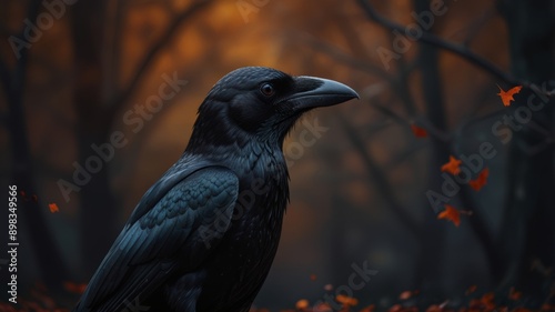 A black crow perched in a spooky forest, perfect for Halloween-themed designs.
