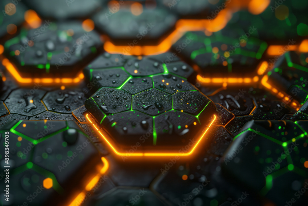 Clean depiction of a hexagonal grid illuminated with bright neon green and yellow lights, Clean depiction of a hexagonal grid illuminated with bright neon green and yellow lights,
