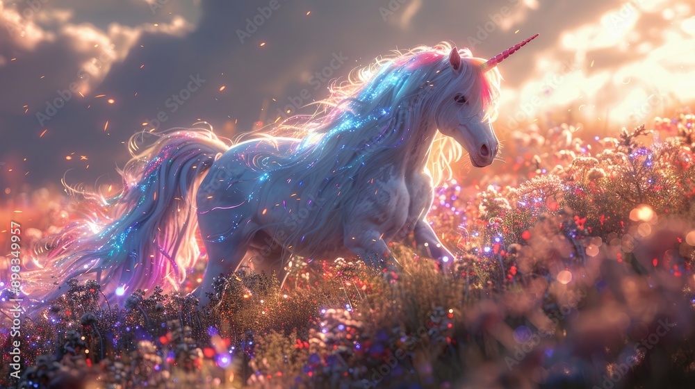 Obraz premium Fantastical Unicorn with Iridescent Mane and Tail in a Luminous Meadow