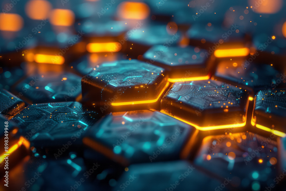 Illuminated hexagonal design with striking neon green and yellow lights in a dark, modern setting, Illuminated hexagonal design with striking neon green and yellow lights in a dark, modern setting,