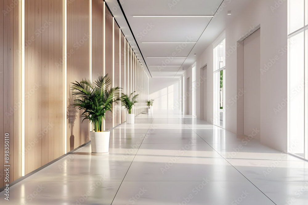 Modern empty foyer or office corridor with sleek clean layout. Idea indoor photos minimal style bright illumination office design lobby Modern empty foyer or office corridor with sleek clean layout. Idea indoor photos minimal style bright illumination office design lobby