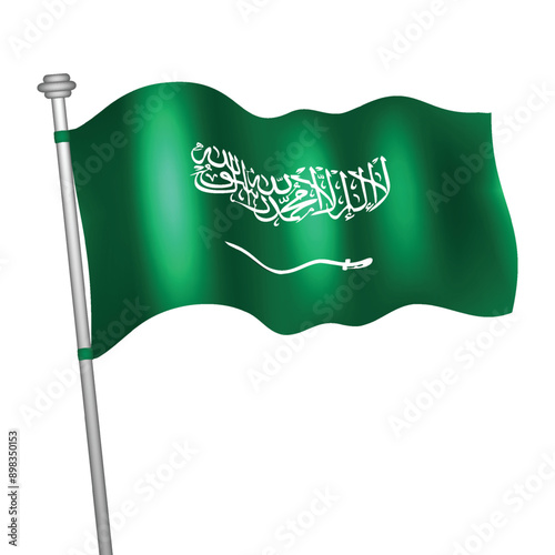 Realistic Saudi Arabia waving flag with flagpole