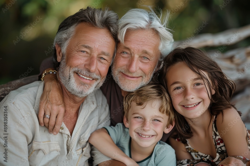 A family of two men, a boy, and a girl posing outdoors, smiling warmly at the camera. They seem happy and close, set against a natural, lush backdrop. A family of two men, a boy, and a girl posing outdoors, smiling warmly at the camera. They seem happy and close, set against a natural, lush backdrop.