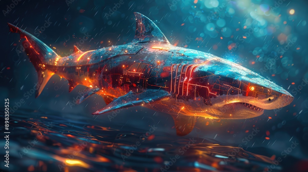 Futuristic Shark with Metallic Scales Swimming in a Neon Ocean Futuristic Shark with Metallic Scales Swimming in a Neon Ocean