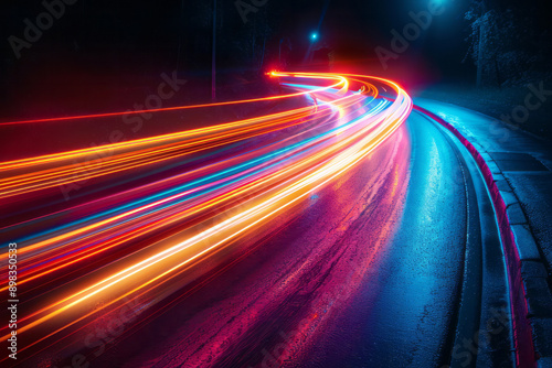 Dynamic neon light trails in vivid hues creating an abstract pattern against a dark backdrop,