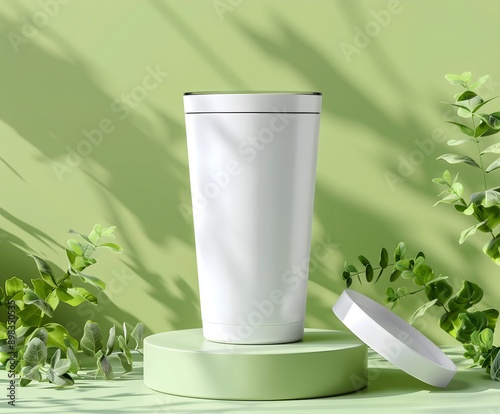 Close-up of a white color 20oz Straight Skinny Tumbler includes lid on a podium with green background, product mockup, minimalist style, 4k