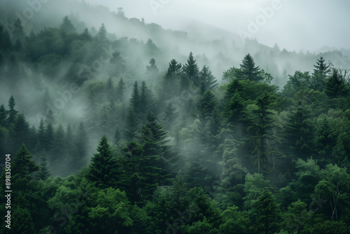 
A dense forest shrouded in mist, with tall trees and lush green foliage. The fog adds an ethereal quality to the scene,