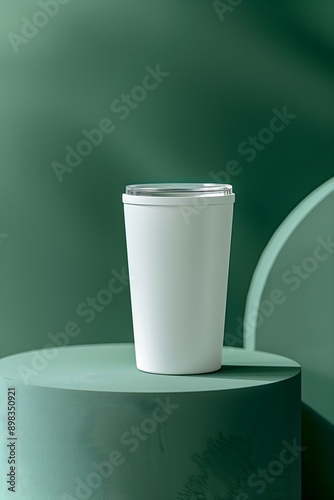 Close-up of a white color 20oz Straight Skinny Tumbler includes lid on a podium with green background, product mockup, minimalist style, 4k photo