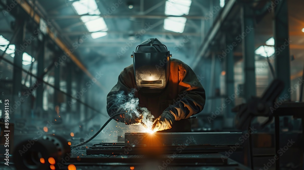 A man in protective clothing is working cutting or welding in a metal factory.