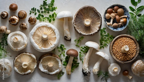 Overhead flat lay view of different varieties of mushroom and fungi photo