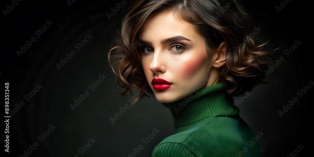 Fototapeta premium A close up portrait of a young woman with bob and wavy layers hairstyle