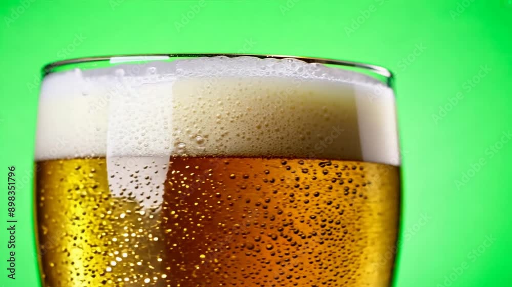 Golden liquid crowned with frothy white foam fills a glistening glass,Beer on Green Screen Golden liquid crowned with frothy white foam fills a glistening glass,Beer on Green Screen