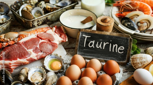 Food contains taurine on the table. Selective focus.