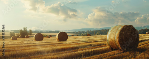 A tranquil rural landscape with large round hay bales spread across a freshly cut field, evoking the simplicity of farm life. photo