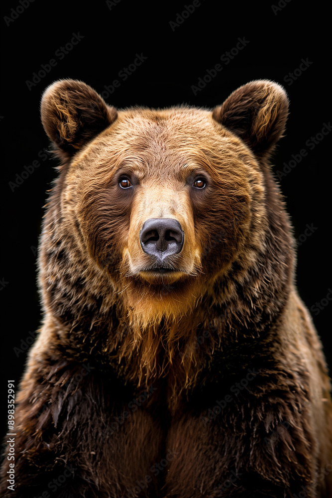 Dignified bear frontal face portrait, Geographic style, black background, HD Dignified bear frontal face portrait, Geographic style, black background, HD