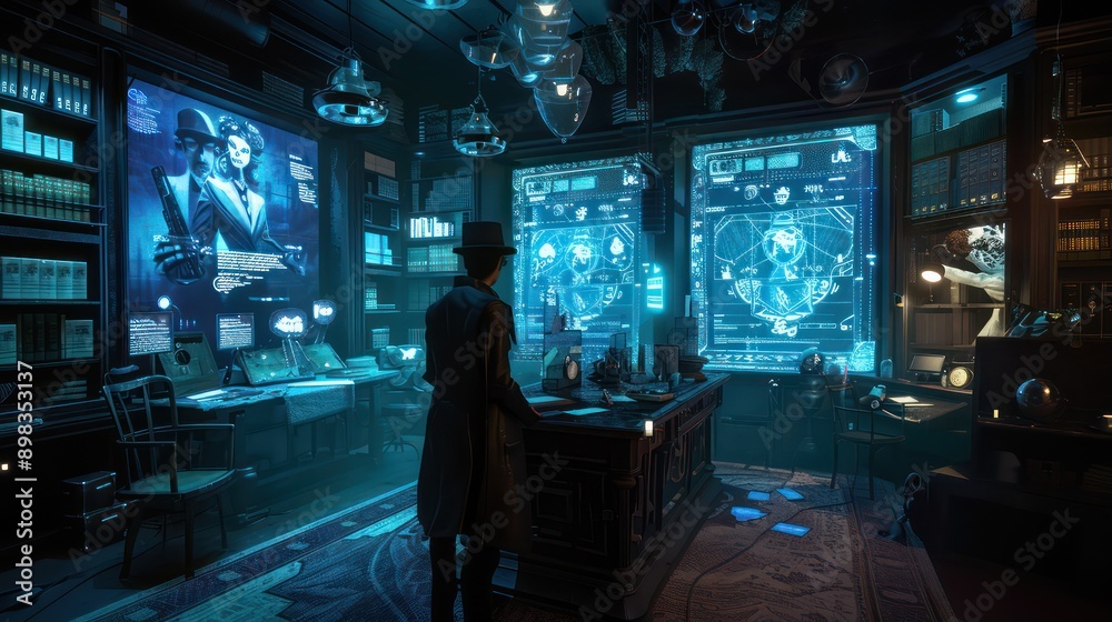 digital detective agency where virtual meetings are held to solve mysteries, with interactive clues on screens digital detective agency where virtual meetings are held to solve mysteries, with interactive clues on screens
