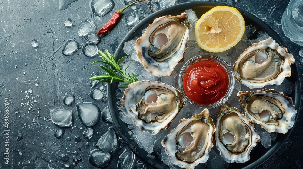 Fresh oysters on ice with cocktail sauce and lemon slices, ready to eat. fresh oysters on ice, cocktail sauce, lemon slices Fresh oysters on ice with cocktail sauce and lemon slices, ready to eat. fresh oysters on ice, cocktail sauce, lemon slices