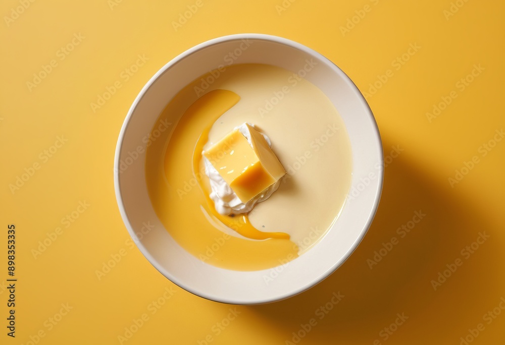 Creamy Melted Cheese Still Life: Minimalist Food Photography with Sunshine Yellow Background Creamy Melted Cheese Still Life: Minimalist Food Photography with Sunshine Yellow Background